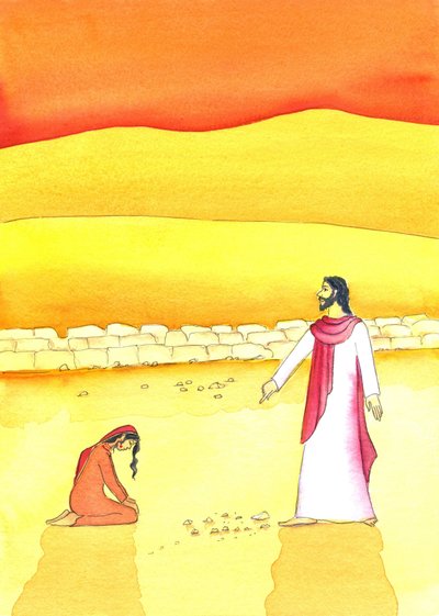 Jesus tilgiver kvinden taget i utroskab, 2006 (w/c på papir) af Elizabeth Wang