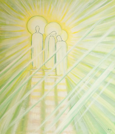 Jesus giver stor forbønskraft til Vor Frue og Sankt Josef og til alle, der beder for andre i hans navn, 2000 (olie om bord) af Elizabeth Wang