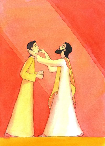 Jesus helbreder den døve mand, mens han løfter sine øjne mod himlen, i bøn, 2001 (w/c på papir) af Elizabeth Wang