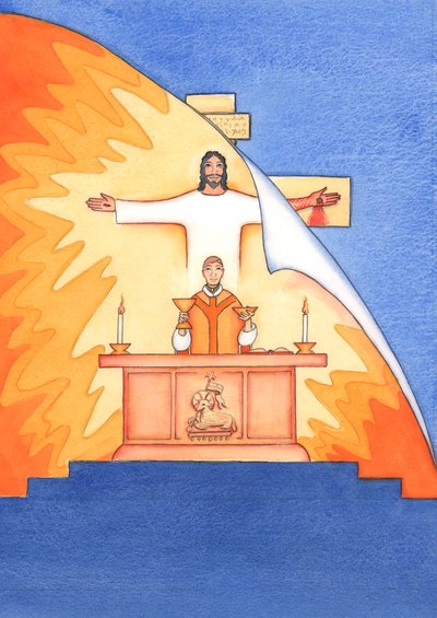 Jesus er til stede hos os ved messen og beder til Faderen på vores vegne, om hjælp til vores behov og om evig frelse. Vi kan forene alle vores bønner med hans store offerbøn, 2004 (w/c on pa af Elizabeth Wang