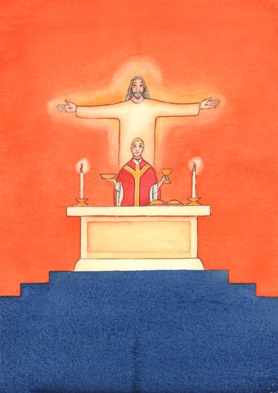 Jesus er til stede hos os ved messen og beder til Faderen på vores vegne, om hjælp til vores behov og om evig frelse. Vi kan forene alle vores bønner med hans store offerbøn, 2004 (w/c on pa af Elizabeth Wang