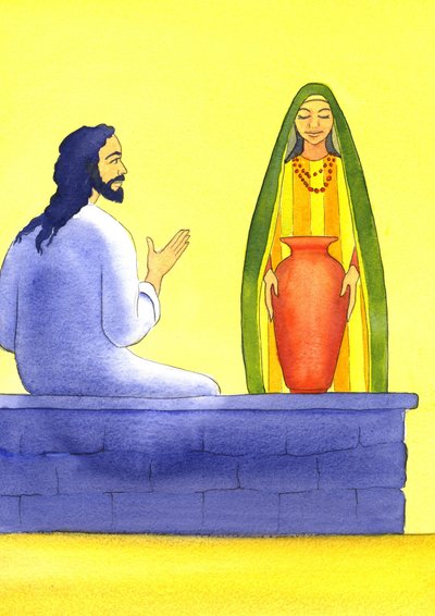 Jesus møder den samaritanske kvinde ved brønden, 2001 (w/c på papir) af Elizabeth Wang
