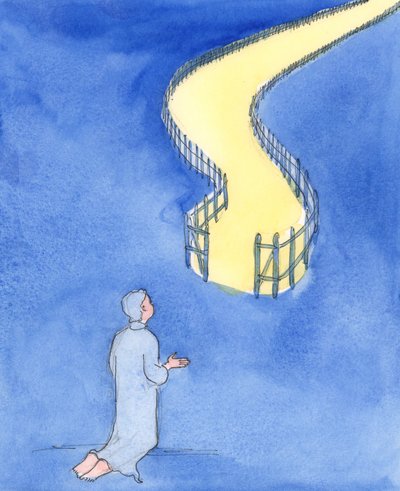 Jesus sagde, at det er en smal port, der fører til liv og en hård vej, 2004 (w/c på papir) af Elizabeth Wang