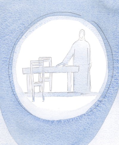 Jesus smilede til mig og pegede på et bord og to stole, da han ventede på at spise sammen med mig, på trods af mine distraktioner, 2000 (w/c på papir) af Elizabeth Wang
