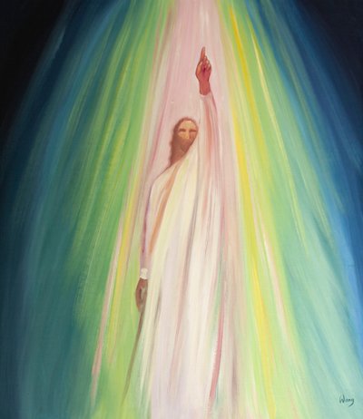 Jesus opfordrer os til at komme nærmere Faderen og rette vores bønner til ham, 2001 (olie om bord) af Elizabeth Wang