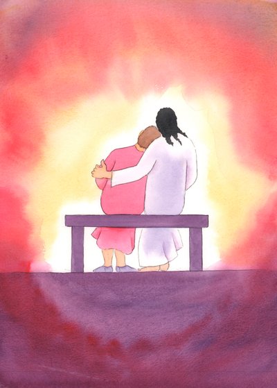 Jesu kærlighed er personlig, øm og uforanderlig; han er altid til stede hos os, især i det hellige sakramente, og trøster os med sit nærvær., 2003 (w/c på papir) af Elizabeth Wang