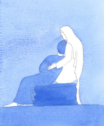 Ligesom jeg har hvilet i Vor Frues arme derhjemme i bøn, så lå Jesus som barn i hendes arme for længe siden, 2005 (akvarel på papir). af Elizabeth Wang