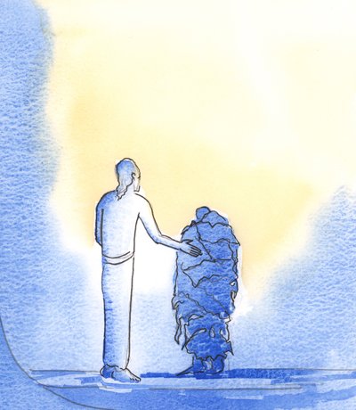 Som fattige tiggere har vi brug for Kristi hjælp, som bønfalder Faderen på vores vegne, hver gang vi beder i hans navn, 2002 (w/c på papir) af Elizabeth Wang