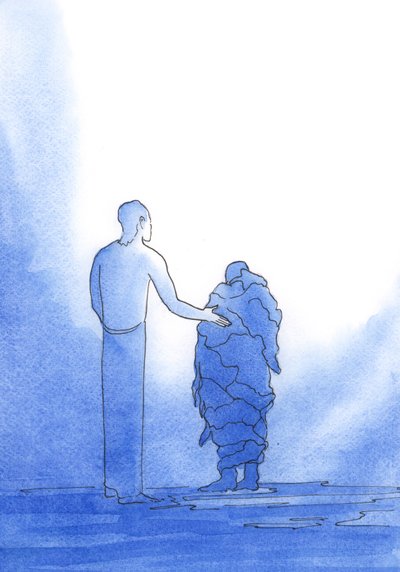 Som fattige tiggere har vi brug for Kristi hjælp, som bønfalder Faderen på vores vegne, hver gang vi beder i hans navn, 2002 (w/c på papir) af Elizabeth Wang