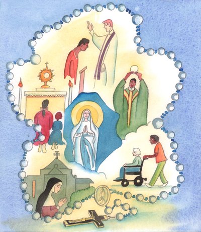 Lourdes er ikke kun et eksempel på omsorg for de syge, 2005 (akvarel på papir) af Elizabeth Wang