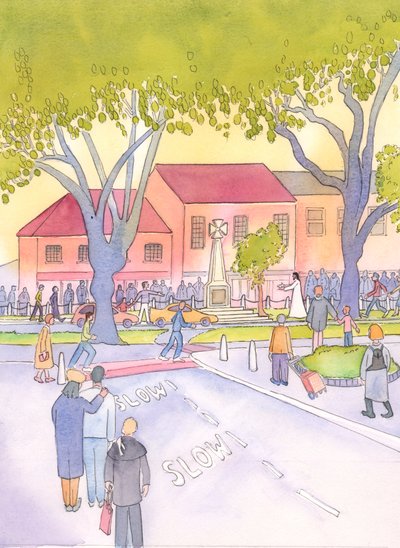 Mange mennesker ville skynde sig at se Jesus, hvis han skulle dukke op på den lokale hovedgade, 2003 (w/c på papir) af Elizabeth Wang