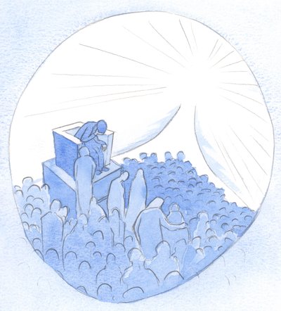 Mange mennesker rejser sammen mod Himlen. Hver jordisk eller åndelig mor kan føre sårede sjæle til stedet for genfødsel og forsoning, 2001 (w/c på papir) af Elizabeth Wang