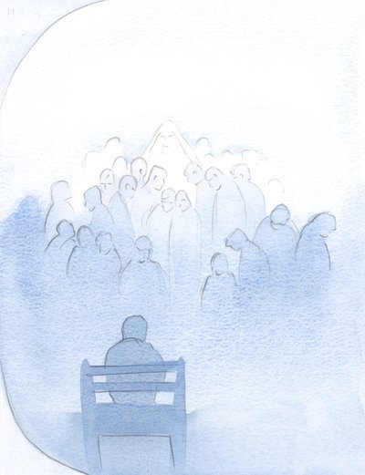 Mary ventede fredeligt, mens jeg opremsede alle de kære i bøn - præster og mange andre., 2001 (w/c på papir) af Elizabeth Wang