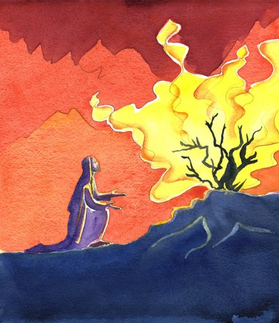 Moses og den brændende busk, 2001 (w/c på papir) af Elizabeth Wang