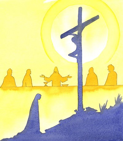Natten før han døde, indstiftede Jesus den hellige eukaristien ved den sidste nadver, 2001 (w/c på papir) af Elizabeth Wang