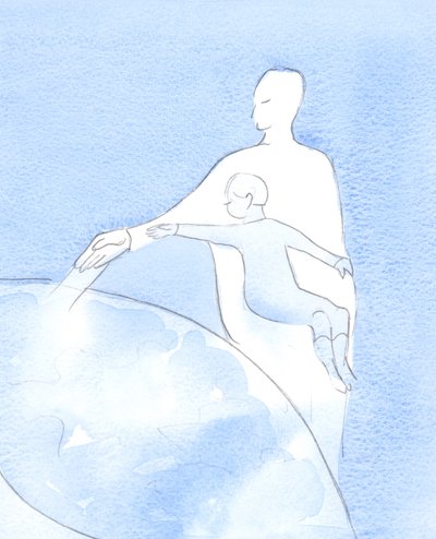 En, der beder i Kristi navn, er som et barn, der holdes tæt af sin himmelske Fader, som tillader hende at bevæge sin arm - for at hjælpe og helbrede andre, 2002 (w/c på papir) af Elizabeth Wang