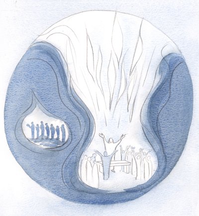 Et ord bedt i forening med Jesus, opstået fra sjælen, gennemborer himlen på en måde, der er umulig for dem, der ikke beder i hans navn., 2000 (w/c på papir) af Elizabeth Wang
