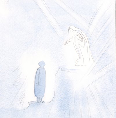 Vor velsignede frue er langt over os i nåde og hellighed, men vi skal ikke være bange for at nærme os hende., 2001 (w/c på papir) af Elizabeth Wang