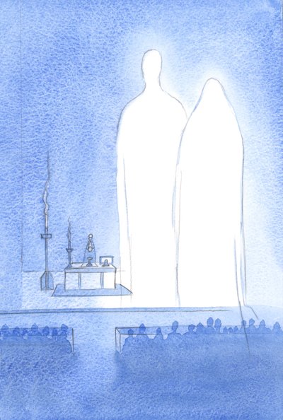Vor velsignede frue er til stede sammen med os ved vores påskefejring. Med hele himlen lytter hun til lovprisningen til Hendes guddommelige søn, 2001 (w/c på papir) af Elizabeth Wang