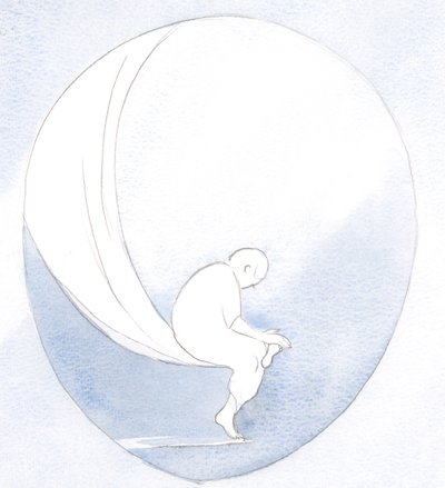 Vores små fejl er som de stumper af dist, vi måske børste fra vores fødder efter en rejse, siddende i Guds favn., 2001 (w/c på papir) af Elizabeth Wang