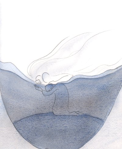 Vores mindste bønner bliver budt velkommen, hørt og belønnet af Gud, der er som en far, der stryger sit elskede barn, 2001 (w/c på papir) af Elizabeth Wang