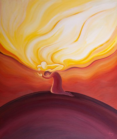 Vores mindste bønner bliver budt velkommen, hørt og belønnet af Gud, der er som en far, der stryger sit elskede barn, 2001 (olie om bord) af Elizabeth Wang