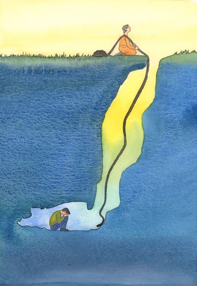 Vores bøn er som en livline, der er sluppet ned fra himlen for at hjælpe de tabte og fanget i vanskeligheder, 2002 (w/c på papir) af Elizabeth Wang