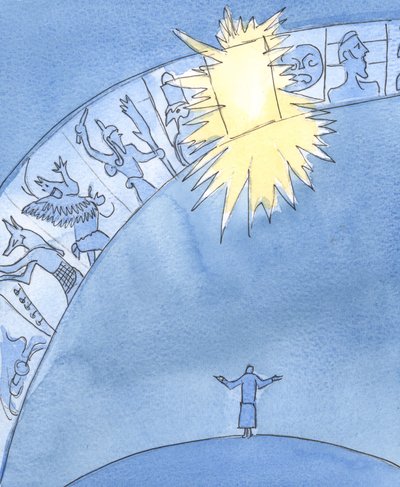 Folk har mange ideer om Gud, men kun Jesus - som et vindue til Himlen - giver os direkte adgang til Gud Faderen, 2004 (w/c på papir) af Elizabeth Wang