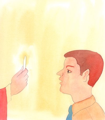 Mennesker, der tror på Jesu ord om den hellige eukaristi, opfører sig, som mennesker bør opføre sig over for deres Gud og Frelser, Really Present under the appearance of Bread, 2005 (akvarel på papir). af Elizabeth Wang