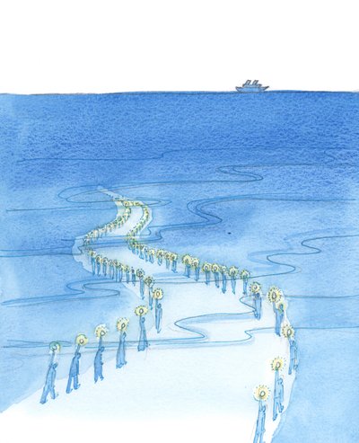 Mennesker, der dør, mens de beder (som dem, der døde, da de bad rosenkransen på Titanic), marcherer langs en vej, der ser ud til at føre til mørke, 2002 (w/c på papir) af Elizabeth Wang
