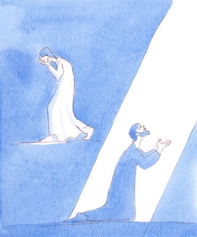 Mennesker, der angrer deres synder, viser deres anger på forskellige måder, 2005 (akvarel på papir) af Elizabeth Wang