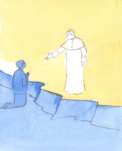 Pave Johannes Paul står i himlen og rækker hånden ud som hilsen, mens vi beder om hans hjælp, 2006 (w/c på papir) af Elizabeth Wang