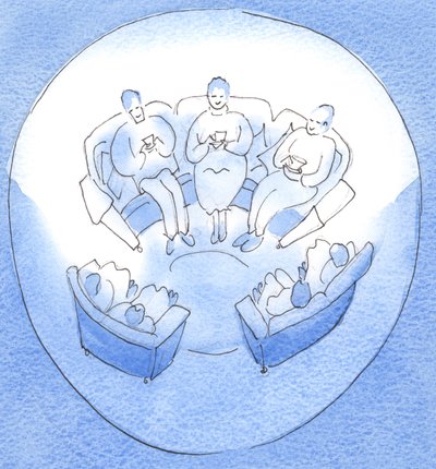Bøn kan være som et møde mellem medlemmer af en glad, forenet familie, der sidder sammen, efter en travl dag, i ledsagende stilhed, 2003 (w/c på papir) af Elizabeth Wang