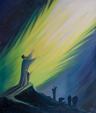 Bøn med Kristus er herlig og effektiv, men uden ham er det som at råbe ud i mørket, 2001 (olie om bord) af Elizabeth Wang