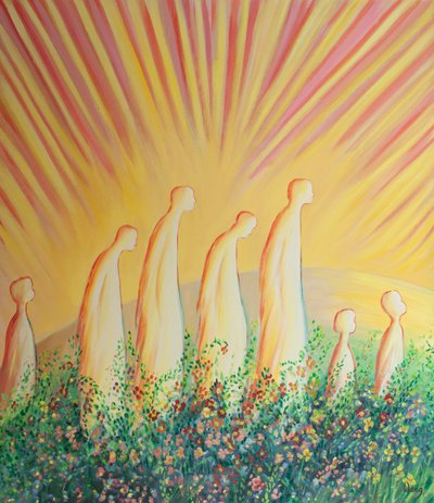 Rensede sjæle går nu på et tæppe af blomster i glæde og enkelthed, befriet fra al kynisme og hårdhjertethed, 2001 (olie om bord) af Elizabeth Wang