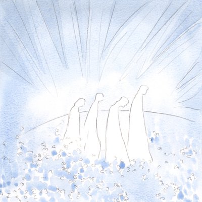 Rensede sjæle går nu på et blomstertæppe, i glæde og enkelhed, befriet fra al kynisme og hårdhjertethed., 2001 (w/c på papir) af Elizabeth Wang