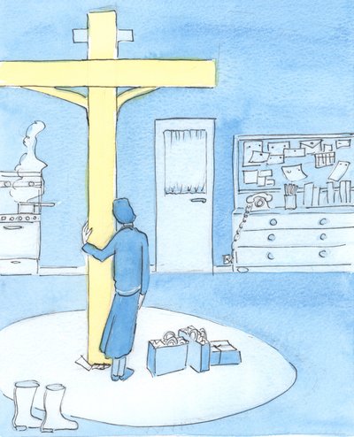 En person, der tilbeder Kristus i messen og længes efter at udføre hans arbejde, kan forblive i ånden ved siden af korset hele dagen, 2003 (w/c på papir) af Elizabeth Wang
