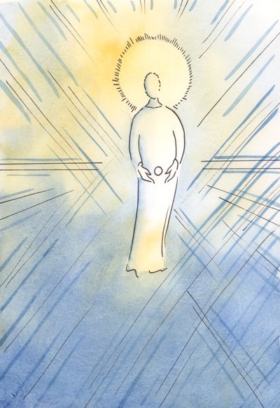 Den hellige Anne undfangede i sit liv den Ulastelige, som en vært; Jomfru Maria, der ville blive Guds Moder, 2000 (w/c på papir) af Elizabeth Wang