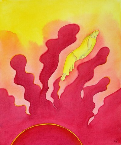 Den hellige jomfru Marias himmelfart, som blev løftet op til himlen af Helligånden, 2001 (w/c på papir) af Elizabeth Wang