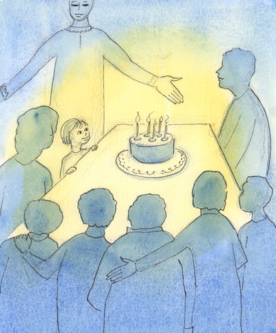 Kirken er som et lyst hjem, fuld af liv, i et næsten øde snelandskab, 2003 (w/c på papir) af Elizabeth Wang