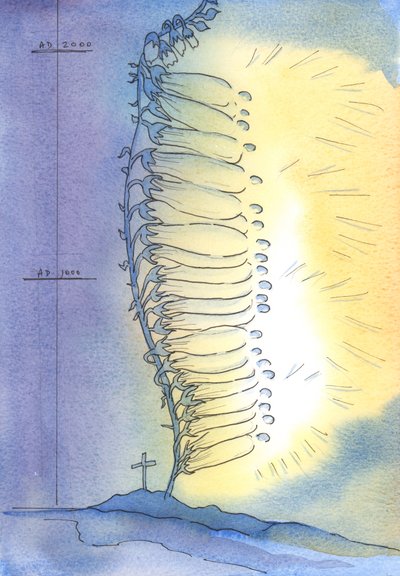 Kirken sætter levende skud af hellighed ud for at blomstre i enhver tidsalder, 2003 (w/c på papir) af Elizabeth Wang