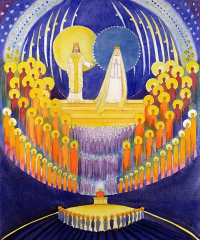 Jomfru Marias kroning og alle de helliges herlighed, 2003 (w/c på papir) af Elizabeth Wang