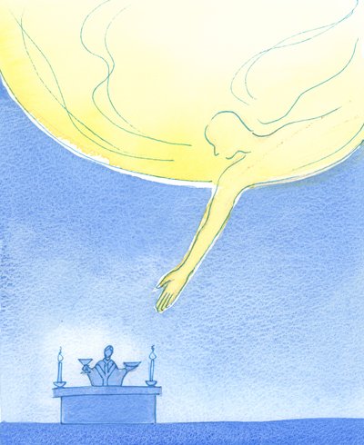 Faderen tager imod vores gaver med brød og vin, som om han læner sig op af himlen som en venlig forælder, der tager gaver fra et barn, 2003 (w/c på papir) af Elizabeth Wang