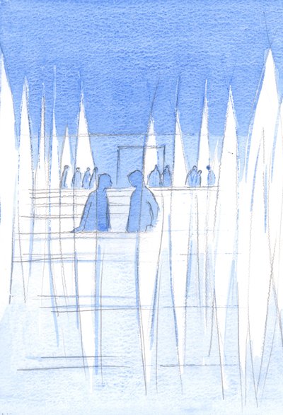 De Hellige Engle vogter Kirken, altid; de er alle ærbødige, midt i dem, der skødesløst forstyrrer dem med høje snak, 2002 (w/c på papir) af Elizabeth Wang