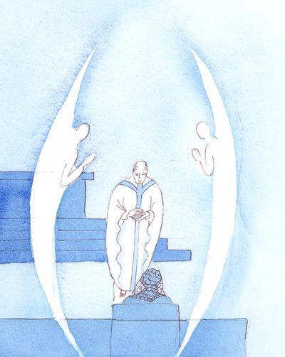 Den hellige eukaristi, som er Jesus Kristus virkelig til stede, er en så stor og hellig gave, at to engle ledsager præsten, når han bærer det velsignede sakramente til os, til den hellige kommunion, 2005 (akvarel på papir). af Elizabeth Wang