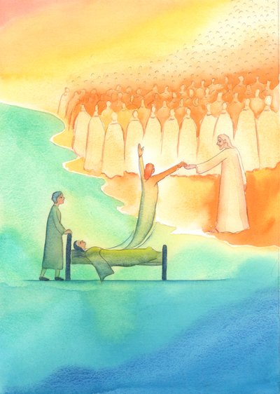 Den hellige sjæl, som er klar til himlen, bliver mødt ikke kun af Kristus, men også af hans hellige moder og alle de hellige, 2003 (w/c på papir) af Elizabeth Wang