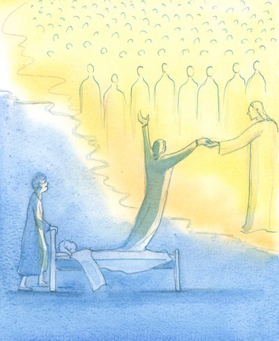 Den hellige sjæl, som er klar til himlen, bliver mødt ikke kun af Kristus, men også af hans hellige moder og alle de hellige, 2003 (w/c på papir) af Elizabeth Wang