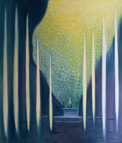 De hellige sjæle, sammen med englene, tilbeder med os ved messen, 2001 (olie om bord) af Elizabeth Wang