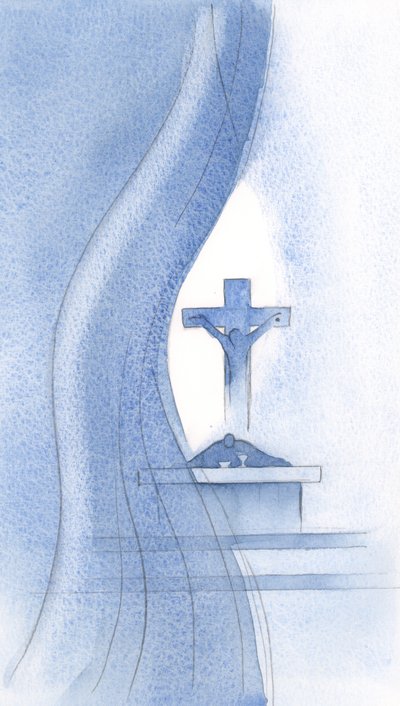Helligånden gennemborer sløret ved den hellige messe og åbenbarer for os mysteriet om Kristi lidelser., 2000 (w/c på papir) af Elizabeth Wang