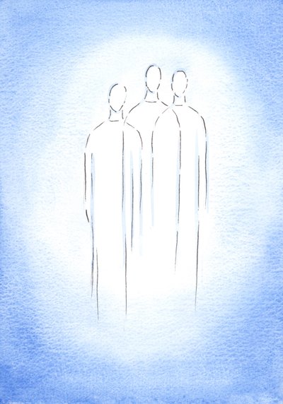 Den hellige treenighed, én gud, tre personer, lever i den kristnes sjæl i blændende pragt, 2002 (w/c på papir) af Elizabeth Wang